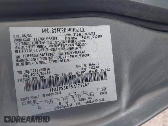 2005 Ford Taurus SE с VIN 1FAFP53U15A175267, выставлен на аукционе IAAI как лот 42358592 с пробегом 78 494 миль миль и . История ставок и продаж доступна на DreamBid. Изображение 9.