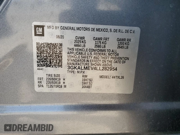 2020 GMC Terrain SLE with VIN 3GKALMEV4LL282954, listed as a Copart auction lot 49306345 with 72,599 mi miles and Salvage Title. Bid and sale history available at DreamBid. Image 14.