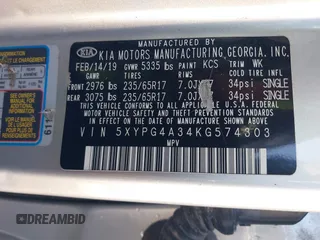 2019 Kia Sorento LX z VIN 5XYPG4A34KG574303, wystawiony jako IAAI lot #42191577 z przebiegiem 117 821 mil mil oraz . Historia ofert i sprzedaży dostępna na DreamBid. Obrazek 9.