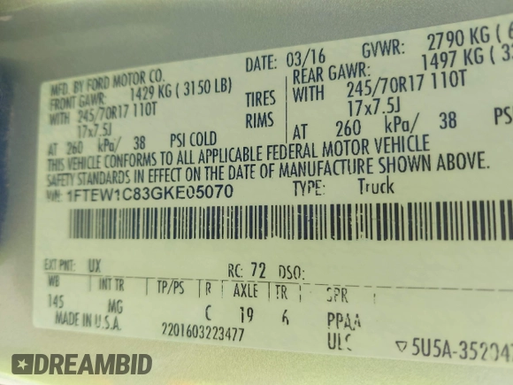 2016 Ford F-150 XLT with VIN 1FTEW1C83GKE05070, listed as a IAAI auction lot 41887216 with 177,793 mi miles and . Bid and sale history available at DreamBid. Image 9.