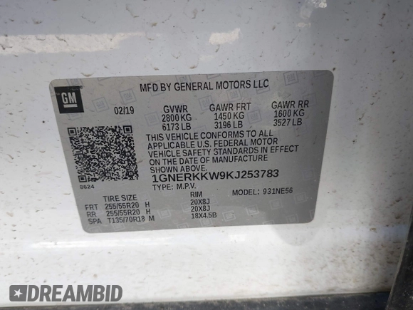 2019 Chevrolet Traverse Premier with VIN 1GNERKKW9KJ253783, listed as a IAAI auction lot 41723323 with 55,750 mi miles. Bid and sale history available at carsss.com. Image 9.