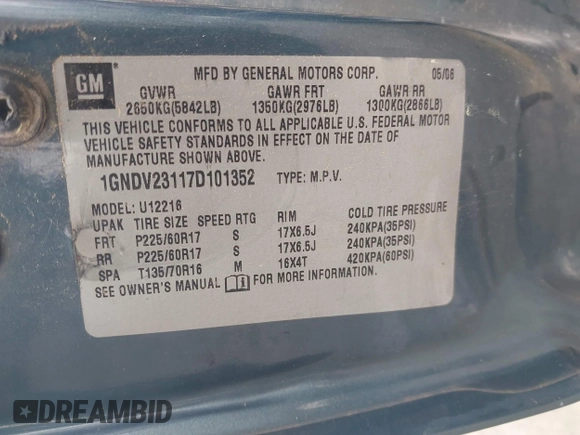 2007 Chevrolet Uplander LS Fleet with VIN 1GNDV23117D101352, listed as a IAAI auction lot 41977504 with 223,749 mi miles and . Bid and sale history available at DreamBid. Image 9.