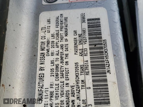 2012 Nissan 370Z Touring z VIN JN1AZ4FH5CM370505, wystawiony jako Copart lot #85255894 z przebiegiem Nie podano mil oraz Szkoda całkowita • Salvage title. Historia ofert i sprzedaży dostępna na DreamBid. Obrazek 12.