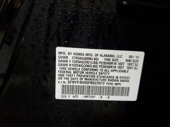 2015 Honda Pilot EX-L with VIN 5FNYF4H55FB023972, listed as a Copart auction lot 51003975 with 131,913 mi miles and Salvage Title. Bid and sale history available at carsss.com. Image 14.