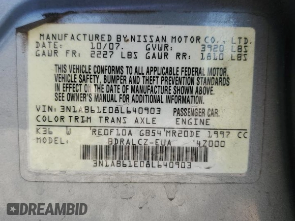 2008 Nissan Sentra S with VIN 3N1AB61E08L640903, listed as a Copart auction lot 53572935 with 129,157 mi miles and Salvage Title. Bid and sale history available at DreamBid. Image 12.