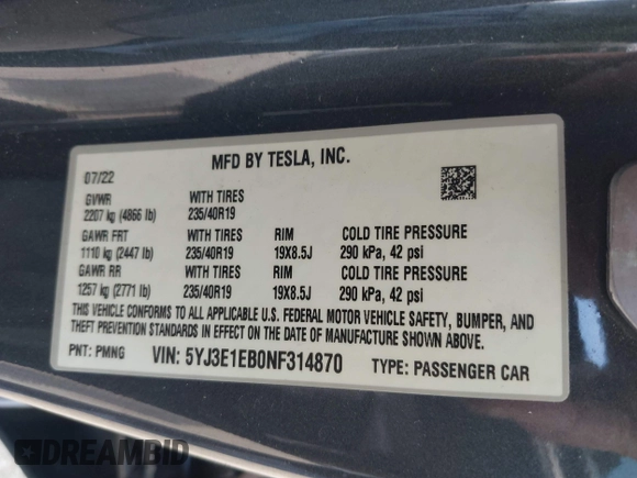 2022 Tesla Model 3 Long Range with VIN 5YJ3E1EB0NF314870, listed as a IAAI auction lot 41762301 with 38,840 mi miles and . Bid and sale history available at DreamBid. Image 9.