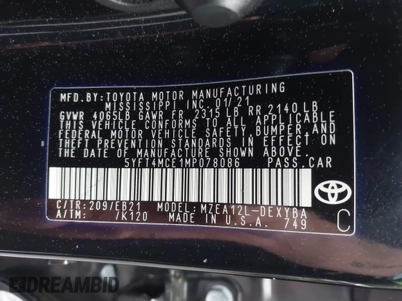 2021 Toyota Corolla XSE with VIN 5YFT4MCE1MP078086, listed as a IAAI auction lot 41894806 with 77,412 mi miles. Bid and sale history available at carsss.com. Image 9.