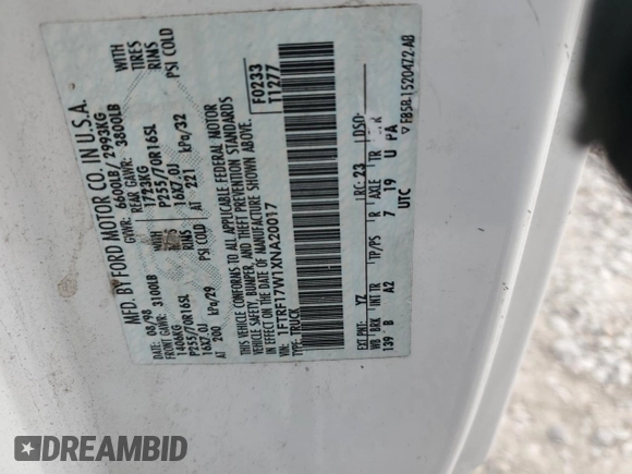 1999 Ford F-150 with VIN 1FTRF17W1XNA20017, listed as a Copart auction lot 84550234 with Not provided miles and Salvage title. Bid and sale history available at DreamBid. Image 14.