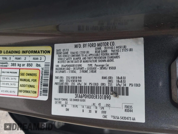 2014 Ford Fusion SE with VIN 3FA6P0HD0ER101890, listed as a IAAI auction lot 41929448 with 207,086 mi miles and . Bid and sale history available at DreamBid. Image 9.