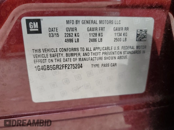 2015 Buick LaCrosse Leather with VIN 1G4GB5GR2FF275204, listed as a Copart auction lot 44244095 with 88,610 mi miles and Salvage Title. Bid and sale history available at DreamBid. Image 14.