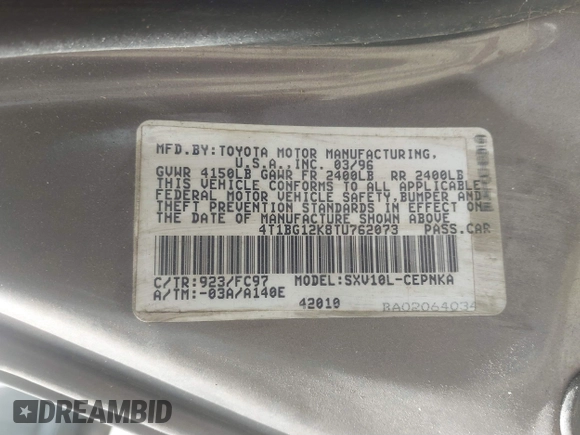 1996 Toyota Camry DX with VIN 4T1BG12K8TU762073, listed as a IAAI auction lot 41606136 with 254,939 mi miles. Bid and sale history available at carsss.com. Image 9.