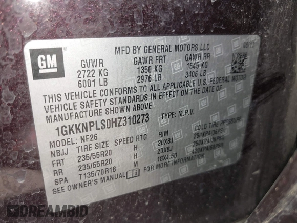 2017 GMC Acadia Denali with VIN 1GKKNPLS0HZ310273, listed as a IAAI auction lot 42142926 with 103,979 mi miles and . Bid and sale history available at DreamBid. Image 9.