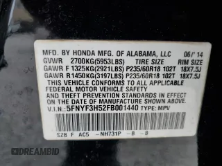 2015 Honda Pilot EX-L z VIN 5FNYF3H52FB001440, wystawiony jako Copart lot #50875765 z przebiegiem 150 870 mil mil oraz Szkoda całkowita • Salvage title. Historia ofert i sprzedaży dostępna na DreamBid. Obrazek 14.