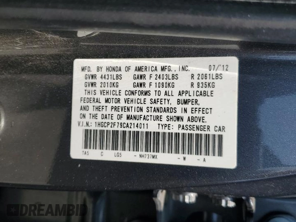 2012 Honda Accord EX z VIN 1HGCP2F79CA214011, wystawiony jako Copart lot #60294565 z przebiegiem 160 697 mil mil oraz Szkoda całkowita • Salvage title. Historia ofert i sprzedaży dostępna na DreamBid. Obrazek 13.