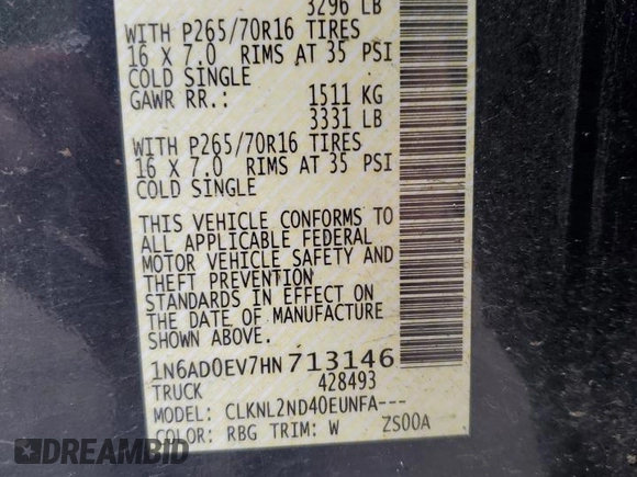 2017 Nissan Frontier SV with VIN 1N6AD0EV7HN713146, listed as a Copart auction lot 48355665 with 89,396 mi miles and Salvage title. Bid and sale history available at DreamBid. Image 12.