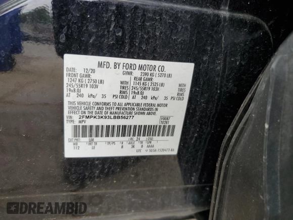 2020 Ford Edge Titanium с VIN 2FMPK3K93LBB56277, выставлен на аукционе Copart как лот 57502985 с пробегом 80 352 миль миль и Списание • Salvage title. История ставок и продаж доступна на DreamBid. Изображение 12.