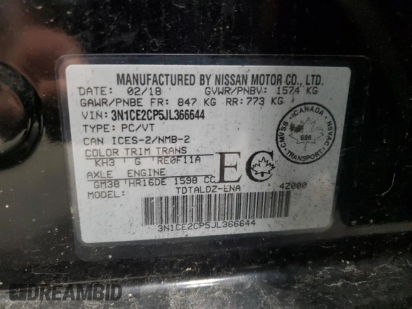 2018 Nissan Note SV with VIN 3N1CE2CP5JL366644, listed as a Copart auction lot 62680245 with 194,587 mi miles and Clean title. Bid and sale history available at DreamBid. Image 13.