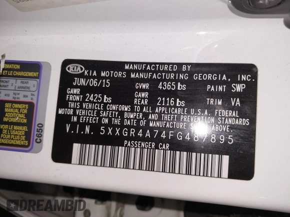 2015 Kia Optima SX with VIN 5XXGR4A74FG487895, listed as a IAAI auction lot 42111045 with 109,442 mi miles and . Bid and sale history available at DreamBid. Image 9.