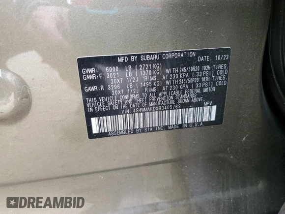 2024 Subaru Ascent Onyx Limited with VIN 4S4WMAKDXR3405763, listed as a Copart auction lot 85957864 with Not provided miles and Salvage title. Bid and sale history available at DreamBid. Image 13.