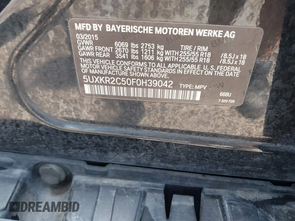 2015 BMW X5 sDrive35i with VIN 5UXKR2C50F0H39042, listed as a IAAI auction lot 42027819 with 152,239 mi miles. Bid and sale history available at carsss.com. Image 9.