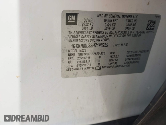 2017 GMC Acadia SLT z VIN 1GKKNMLS3HZ190239, wystawiony jako IAAI lot #42283162 z przebiegiem 170 117 mil mil oraz . Historia ofert i sprzedaży dostępna na DreamBid. Obrazek 9.