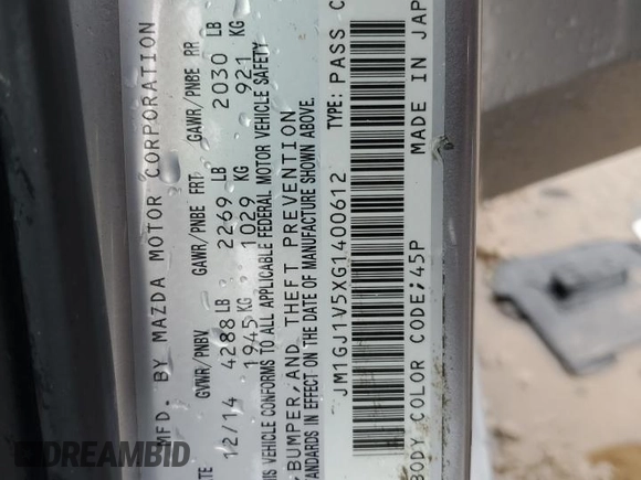 2016 Mazda Mazda6 i Touring with VIN JM1GJ1V5XG1400612, listed as a Copart auction lot 47528705 with 160,083 mi miles and Salvage Title. Bid and sale history available at carsss.com. Image 13.
