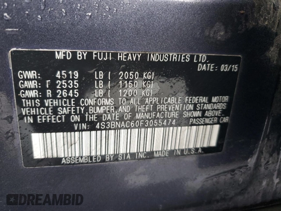 2015 Subaru Legacy 2.5i Premium with VIN 4S3BNAC60F3055474, listed as a Copart auction lot 44071105 with 0 mi miles and Salvage Title. Bid and sale history available at carsss.com. Image 12.