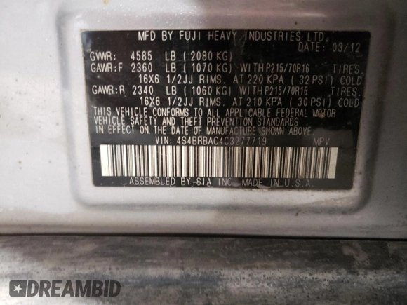 2012 Subaru Outback 2.5i z VIN 4S4BRBAC4C3277719, wystawiony jako Copart lot #61875445 z przebiegiem 92 033 mil mil oraz Szkoda całkowita • Salvage title. Historia ofert i sprzedaży dostępna na DreamBid. Obrazek 13.