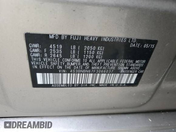 2015 Subaru Legacy 2.5i Limited with VIN 4S3BNBN67F3066037, listed as a Copart auction lot 45033315 with 102,724 mi miles and Salvage Title. Bid and sale history available at carsss.com. Image 15.