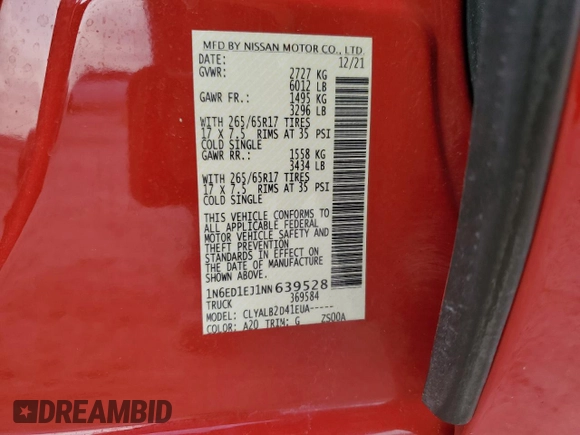 2022 Nissan Frontier Pro-X with VIN 1N6ED1EJ1NN639528, listed as a Copart auction lot 45514865 with 56,559 mi miles and Salvage title. Bid and sale history available at DreamBid. Image 12.