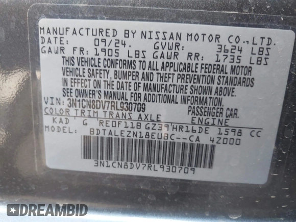 2024 Nissan Versa S with VIN 3N1CN8DV7RL930709, listed as a IAAI auction lot 41958565 with 2,501 mi miles and . Bid and sale history available at DreamBid. Image 9.