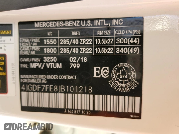 2018 Mercedes-Benz GLS 63 AMG with VIN 4JGDF7FE8JB101218, listed as a Copart auction lot 69864824 with 76,109 mi miles and Salvage title. Bid and sale history available at DreamBid. Image 13.