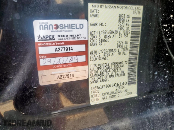 2016 Nissan Titan Platinum Reserve with VIN 1N6BA1F42GN506140, listed as a Copart auction lot 57171395 with 141,295 mi miles and Salvage title. Bid and sale history available at DreamBid. Image 13.