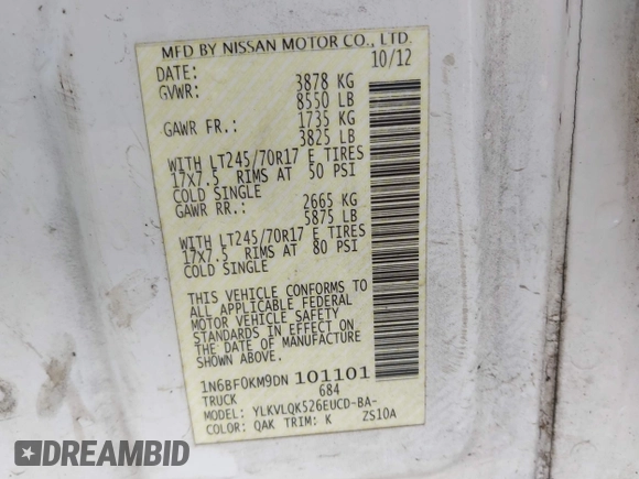 2013 Nissan NV S with VIN 1N6BF0KM9DN101101, listed as a IAAI auction lot 41384511 with 232,485 mi miles. Bid and sale history available at carsss.com. Image 9.