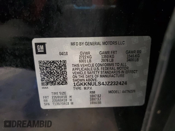 2018 GMC Acadia SLT with VIN 1GKKNULS4JZ232424, listed as a Copart auction lot 51307405 with 144,663 mi miles and Salvage Title. Bid and sale history available at DreamBid. Image 13.