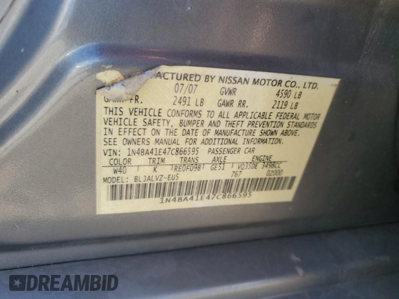 2007 Nissan Maxima 3.5 SE with VIN 1N4BA41E47C866595, listed as a Copart auction lot 72087664 with 173,268 mi miles and Salvage Title. Bid and sale history available at carsss.com. Image 14.