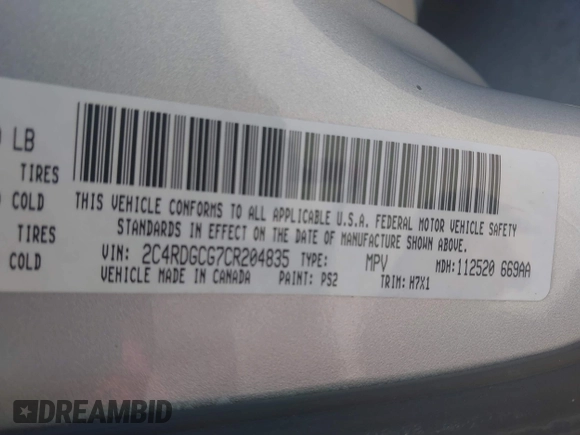 2012 Dodge Grand Caravan SXT with VIN 2C4RDGCG7CR204835, listed as a IAAI auction lot 41948688 with 125,466 mi miles and . Bid and sale history available at DreamBid. Image 9.