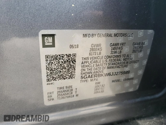 2018 Buick Enclave Essence with VIN 5GAERBKW6JJ275989, listed as a Copart auction lot 54954595 with 101,132 mi miles and Salvage Title. Bid and sale history available at DreamBid. Image 13.