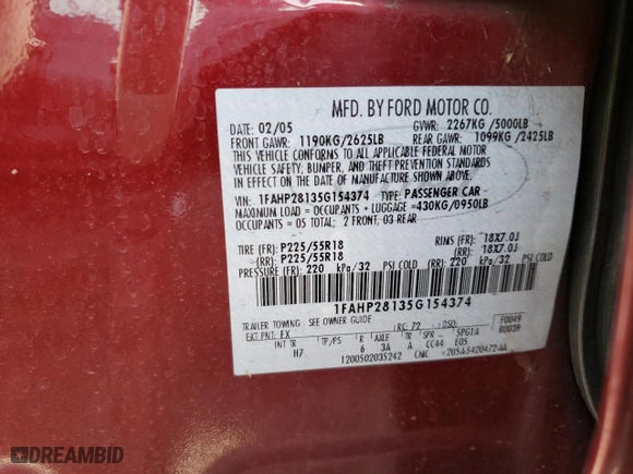 2005 Ford Five Hundred Limited with VIN 1FAHP28135G154374, listed as a Copart auction lot 75402024 with 0 mi miles and Salvage Title. Bid and sale history available at carsss.com. Image 12.