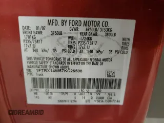 2007 Ford F-150 STX with VIN 1FTRX14W57KC26508, listed as a Copart auction lot 89247975 with 118,011 mi miles and Salvage Title. Bid and sale history available at carsss.com. Image 12.