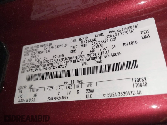 2019 Ford F-150 XL with VIN 1FTEW1EP4KFC74737, listed as a IAAI auction lot 41372054 with 76,916 mi miles and . Bid and sale history available at DreamBid. Image 9.