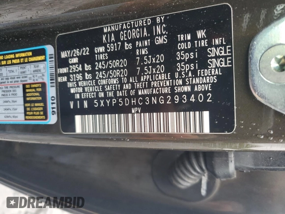 2022 Kia Telluride SX с VIN 5XYP5DHC3NG293402, выставлен на аукционе Copart как лот 57993815 с пробегом 71 354 миль миль и Списание • Salvage title. История ставок и продаж доступна на DreamBid. Изображение 13.