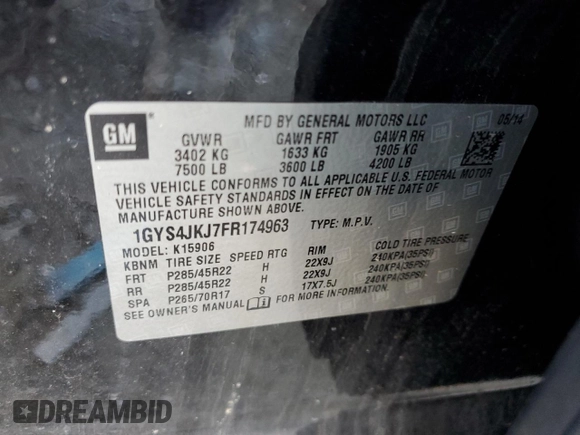 2015 Cadillac Escalade ESV Premium with VIN 1GYS4JKJ7FR174963, listed as a Copart auction lot 54195675 with 120,171 mi miles and Salvage title. Bid and sale history available at DreamBid. Image 13.