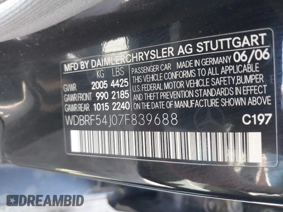2007 Mercedes-Benz C with VIN WDBRF54J07F839688, listed as a IAAI auction lot 42157558 with 138,518 mi miles and . Bid and sale history available at DreamBid. Image 9.