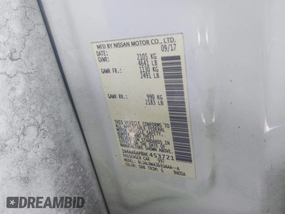 2017 Nissan Maxima SV with VIN 1N4AA6AP8HC453721, listed as a IAAI auction lot 42032549 with 55,049 mi miles and . Bid and sale history available at DreamBid. Image 9.