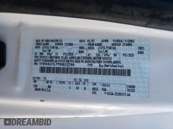 2007 Ford Econoline Passenger XL with VIN 1FBSS31L77DB12766, listed as a Copart auction lot 72954844 with 149,562 mi miles and Salvage title. Bid and sale history available at DreamBid. Image 15.