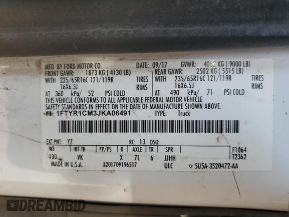 2018 Ford Transit with VIN 1FTYR1CM3JKA06491, listed as a Copart auction lot 70991374 with 192,027 mi miles and Salvage Title. Bid and sale history available at DreamBid. Image 14.