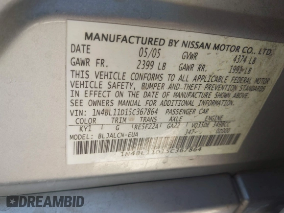 2005 Nissan Altima 3.5 SE with VIN 1N4BL11D15C367864, listed as a IAAI auction lot 41855721 with 175,976 mi miles. Bid and sale history available at carsss.com. Image 9.