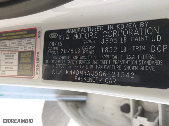 2016 Kia Rio LX with VIN KNADM5A35G6621542, listed as a IAAI auction lot 41862287 with 118,247 mi miles. Bid and sale history available at carsss.com. Image 9.