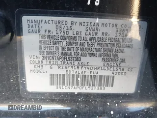 2015 Nissan Versa S Plus with VIN 3N1CN7AP0FL937383, listed as a IAAI auction lot 41287302 with 130,378 mi miles and . Bid and sale history available at DreamBid. Image 9.